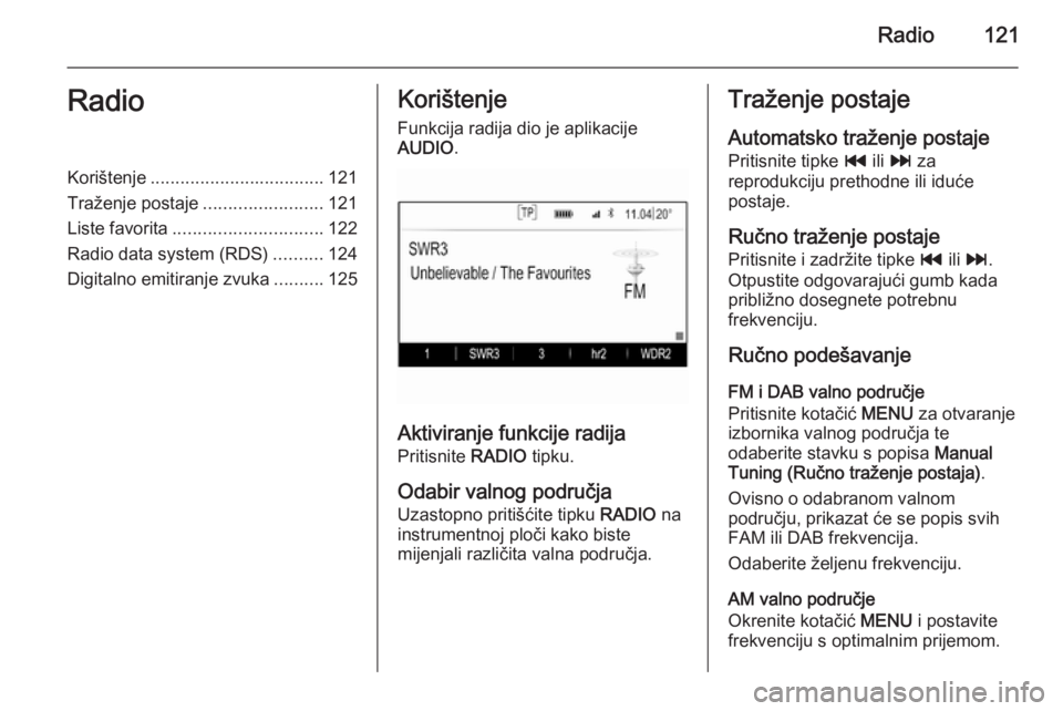 OPEL INSIGNIA 2015  Priručnik za Infotainment (in Croatian) Radio121RadioKorištenje................................... 121
Traženje postaje ........................121
Liste favorita .............................. 122
Radio data system (RDS) ..........124
Di