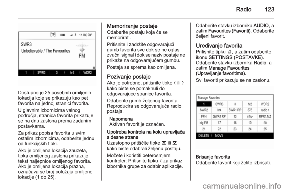 OPEL INSIGNIA 2015  Priručnik za Infotainment (in Croatian) Radio123
Dostupno je 25 posebnih omiljenih
lokacija koje se prikazuju kao pet
favorita na jednoj stranici favorita.
U glavnim izbornicima valnog
područja, stranica favorita prikazuje
se na dnu zaslon