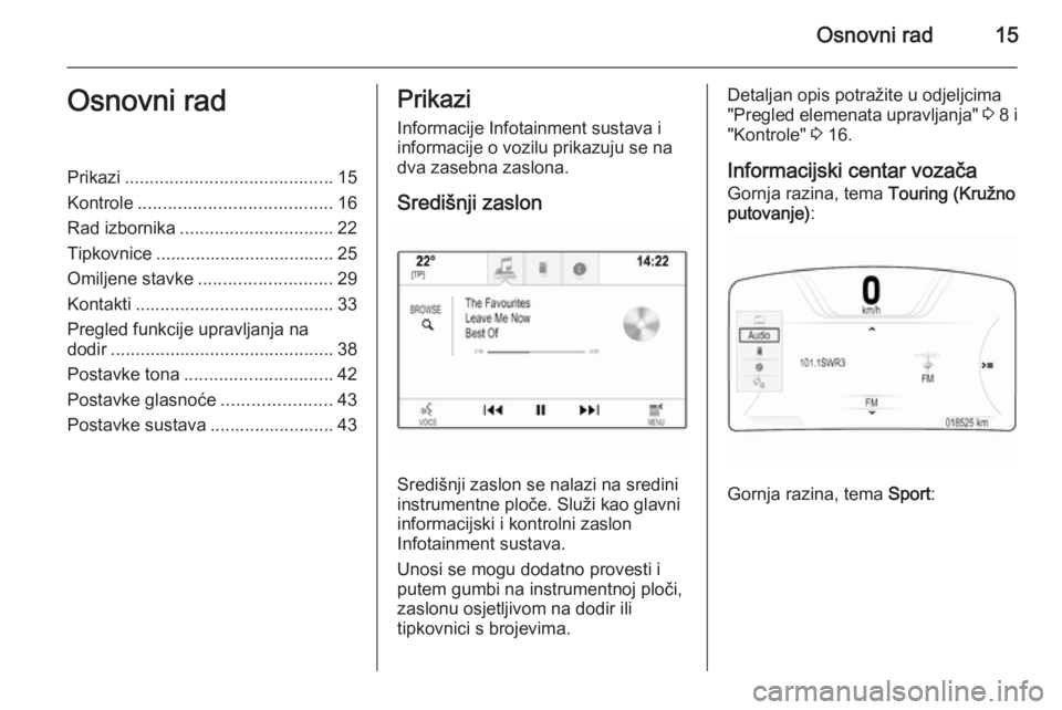 OPEL INSIGNIA 2015  Priručnik za Infotainment (in Croatian) Osnovni rad15Osnovni radPrikazi.......................................... 15
Kontrole ....................................... 16
Rad izbornika ............................... 22
Tipkovnice ...........