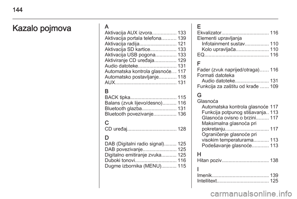 OPEL INSIGNIA 2015  Priručnik za Infotainment (in Croatian) 144Kazalo pojmovaAAktivacija AUX izvora .................133
Aktivacija portala telefona ..........139
Aktivacija radija........................... 121
Aktivacija SD kartice ...................133
Akt