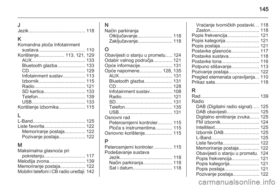 OPEL INSIGNIA 2015  Priručnik za Infotainment (in Croatian) 145
J
Jezik ........................................... 118
K Komandna ploča Infotainment sustava .................................... 110
Korištenje ................... 113, 121, 129
AUX ..........