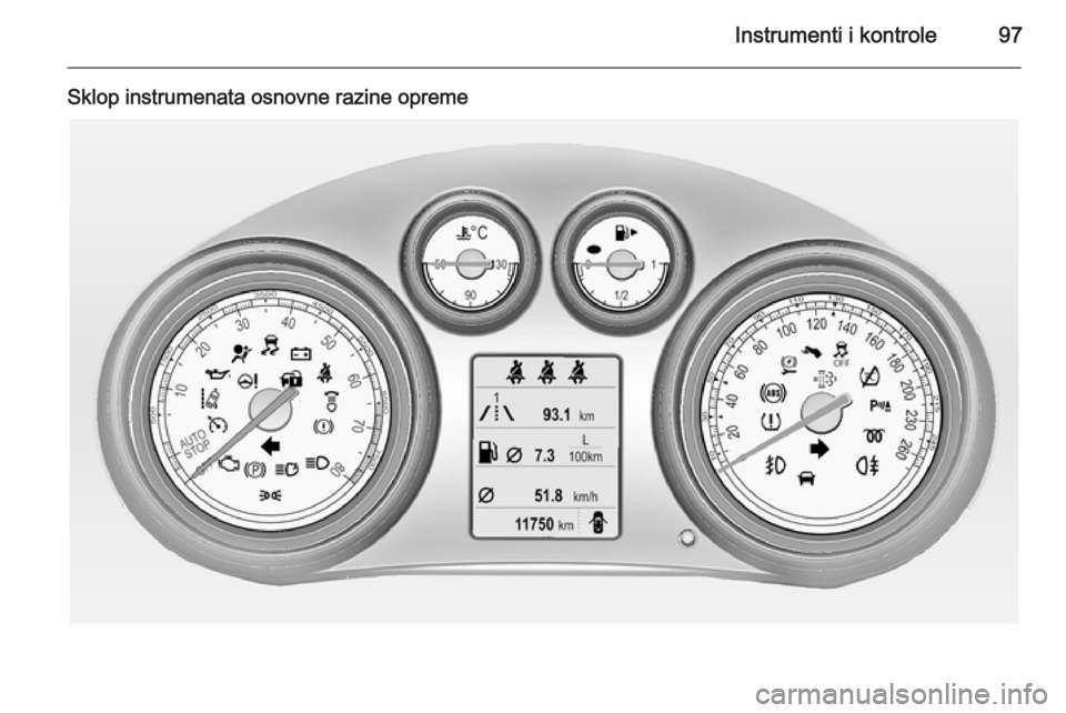 OPEL INSIGNIA 2015 Priručnik za vlasnika (in Croatian) Instrumenti i kontrole97
Sklop instrumenata osnovne razine opreme OPEL INSIGNIA 2015 Priručnik za vlasnika (in Croatian) Instrumenti i kontrole97
Sklop instrumenata osnovne razine opreme