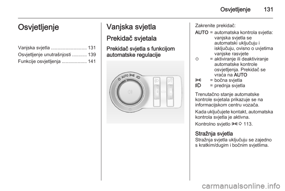 OPEL INSIGNIA 2015.5 Priručnik za vlasnika (in Croatian) Osvjetljenje131OsvjetljenjeVanjska svjetla........................... 131
Osvjetljenje unutrašnjosti ...........139
Funkcije osvjetljenja ................... 141Vanjska svjetla
Prekidač svjetala
Pre OPEL INSIGNIA 2015.5 Priručnik za vlasnika (in Croatian) Osvjetljenje131OsvjetljenjeVanjska svjetla........................... 131
Osvjetljenje unutrašnjosti ...........139
Funkcije osvjetljenja ................... 141Vanjska svjetla
Prekidač svjetala
Pre