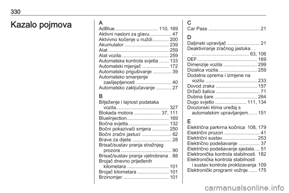 OPEL INSIGNIA 2016  Priručnik za vlasnika (in Croatian) 330Kazalo pojmovaAAdBlue ................................ 110, 169
Aktivni nasloni za glavu ................47
Aktvivno kočenje u nuždi ............200
Akumulator  ................................ 2
