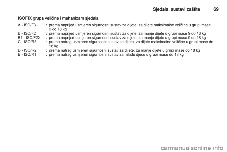 OPEL INSIGNIA 2016  Priručnik za vlasnika (in Croatian) Sjedala, sustavi zaštite69ISOFIX grupa veličine i mehanizam sjedalaA - ISO/F3:prema naprijed usmjeren sigurnosni sustav za dijete, za dijete maksimalne veličine u grupi mase9 do 18 kgB - ISO/F2:pre