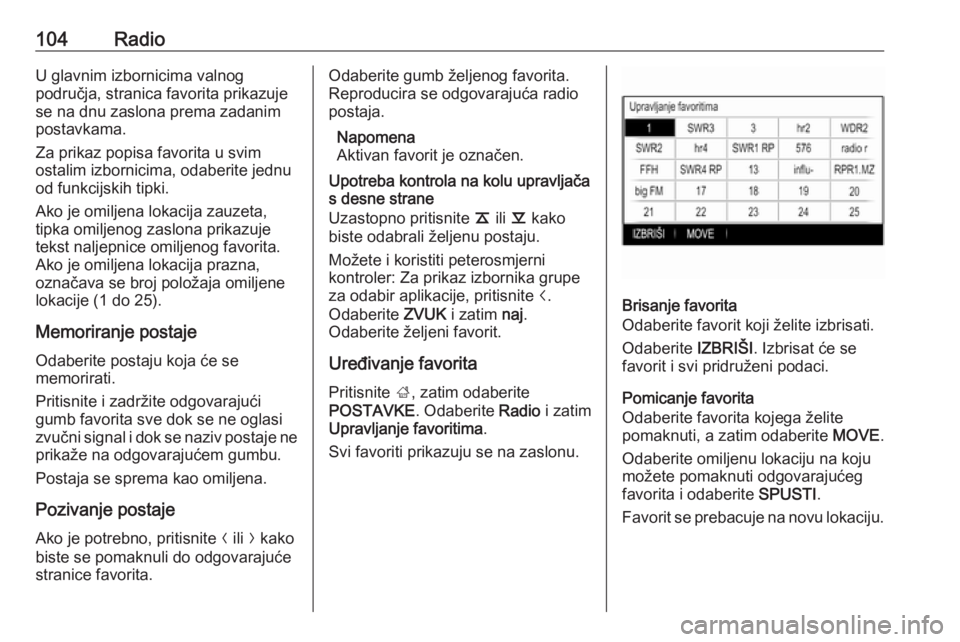 OPEL INSIGNIA 2016.5  Priručnik za Infotainment (in Croatian) 104RadioU glavnim izbornicima valnog
područja, stranica favorita prikazuje
se na dnu zaslona prema zadanim
postavkama.
Za prikaz popisa favorita u svim
ostalim izbornicima, odaberite jednu
od funkcij
