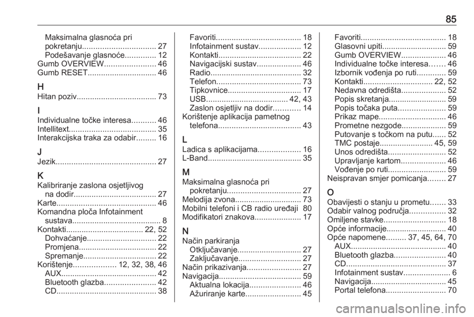OPEL INSIGNIA 2016.5  Priručnik za Infotainment (in Croatian) 85Maksimalna glasnoća pri
pokretanju ................................. 27
Podešavanje glasnoće ..............12
Gumb OVERVIEW .......................46
Gumb RESET ............................... 46