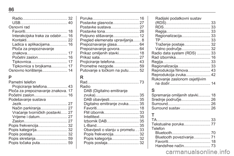 OPEL INSIGNIA 2016.5  Priručnik za Infotainment (in Croatian) 86Radio......................................... 32
USB ........................................... 40
Osnovni rad Favoriti ...................................... 18
Interakcijska traka za odabir ....