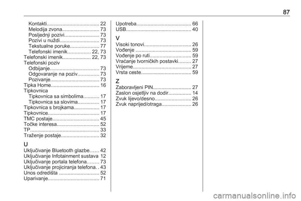 OPEL INSIGNIA 2016.5  Priručnik za Infotainment (in Croatian) 87Kontakti..................................... 22
Melodija zvona .......................... 73
Posljednji pozivi......................... 73
Pozivi u nuždi ............................ 73
Tekstualne
