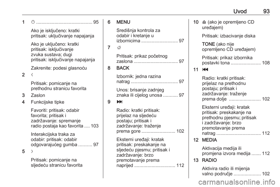 OPEL INSIGNIA 2016.5  Priručnik za Infotainment (in Croatian) Uvod931X........................................... 95
Ako je isključeno: kratki
pritisak: uključivanje napajanja
Ako je uključeno: kratki
pritisak: isključivanje
zvuka sustava; dugi
pritisak: isk