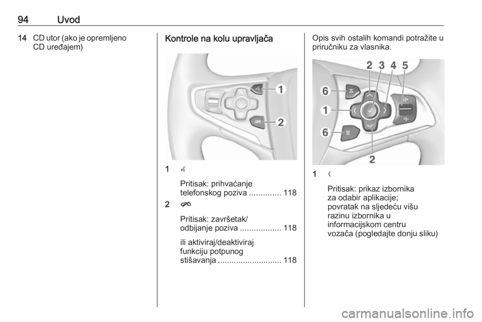 OPEL INSIGNIA 2016.5  Priručnik za Infotainment (in Croatian) 94Uvod14CD utor (ako je opremljeno
CD uređajem)Kontrole na kolu upravljača
1 s
Pritisak: prihvaćanje
telefonskog poziva ..............118
2 n
Pritisak: završetak/
odbijanje poziva ................