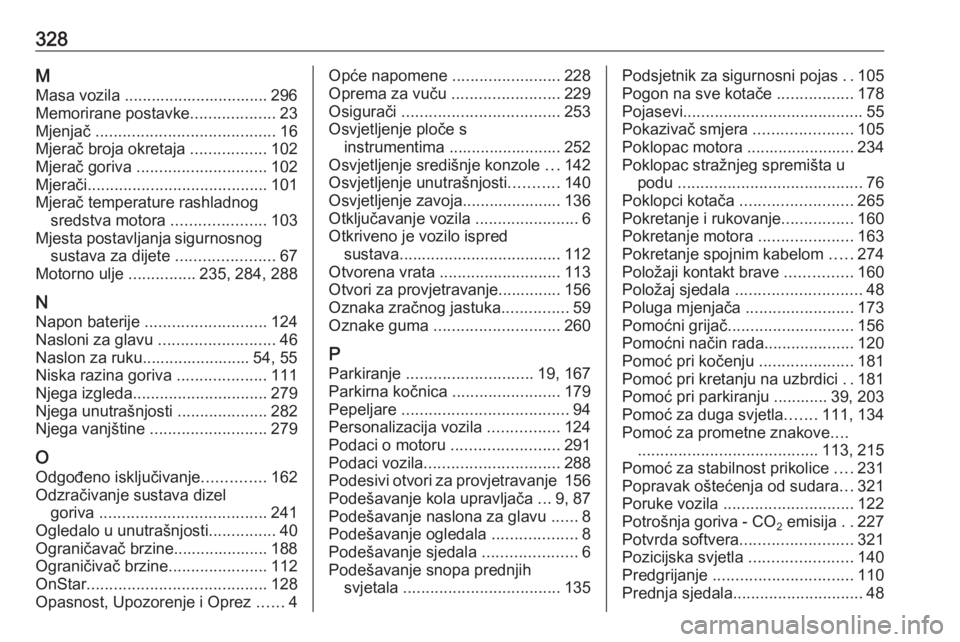 OPEL INSIGNIA 2016.5  Priručnik za vlasnika (in Croatian) 328MMasa vozila ................................ 296
Memorirane postavke ...................23
Mjenjač  ........................................ 16
Mjerač broja okretaja  .................102
Mjera�