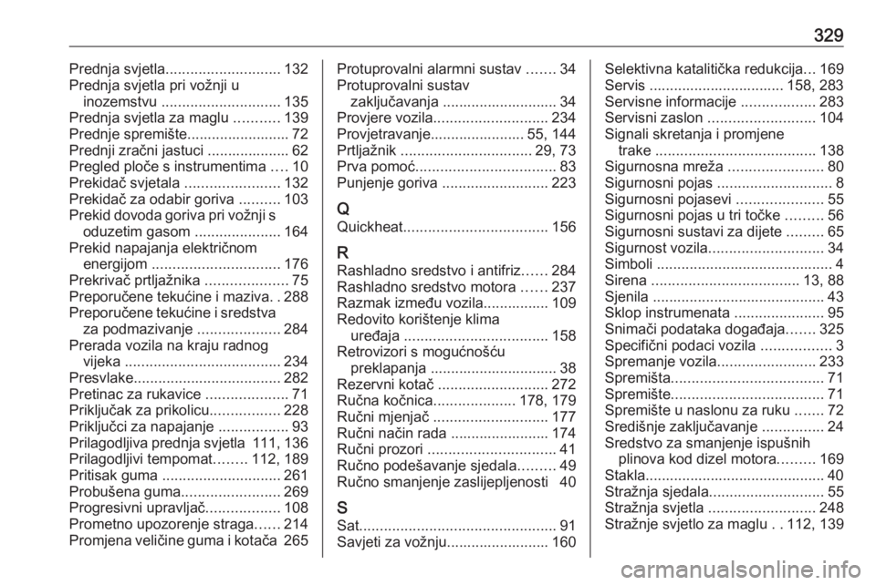 OPEL INSIGNIA 2016.5  Priručnik za vlasnika (in Croatian) 329Prednja svjetla............................ 132
Prednja svjetla pri vožnji u inozemstvu  ............................. 135
Prednja svjetla za maglu  ...........139
Prednje spremište..............