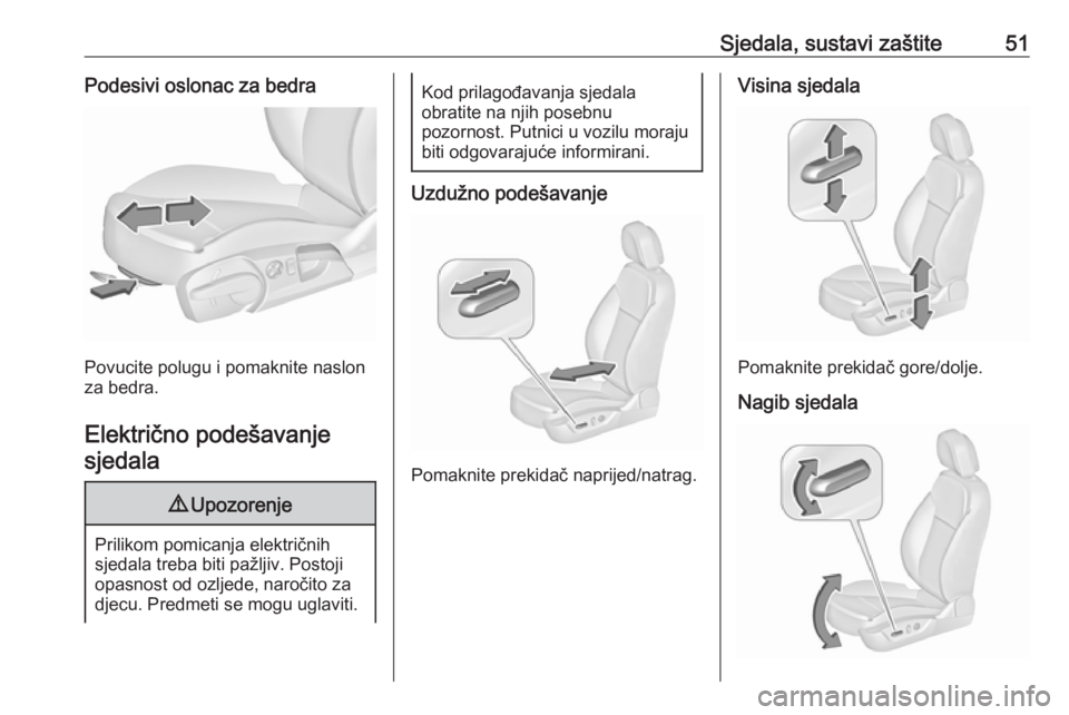 OPEL INSIGNIA 2016.5  Priručnik za vlasnika (in Croatian) Sjedala, sustavi zaštite51Podesivi oslonac za bedra
Povucite polugu i pomaknite naslon
za bedra.
Električno podešavanje sjedala
9 Upozorenje
Prilikom pomicanja električnih
sjedala treba biti pažl
