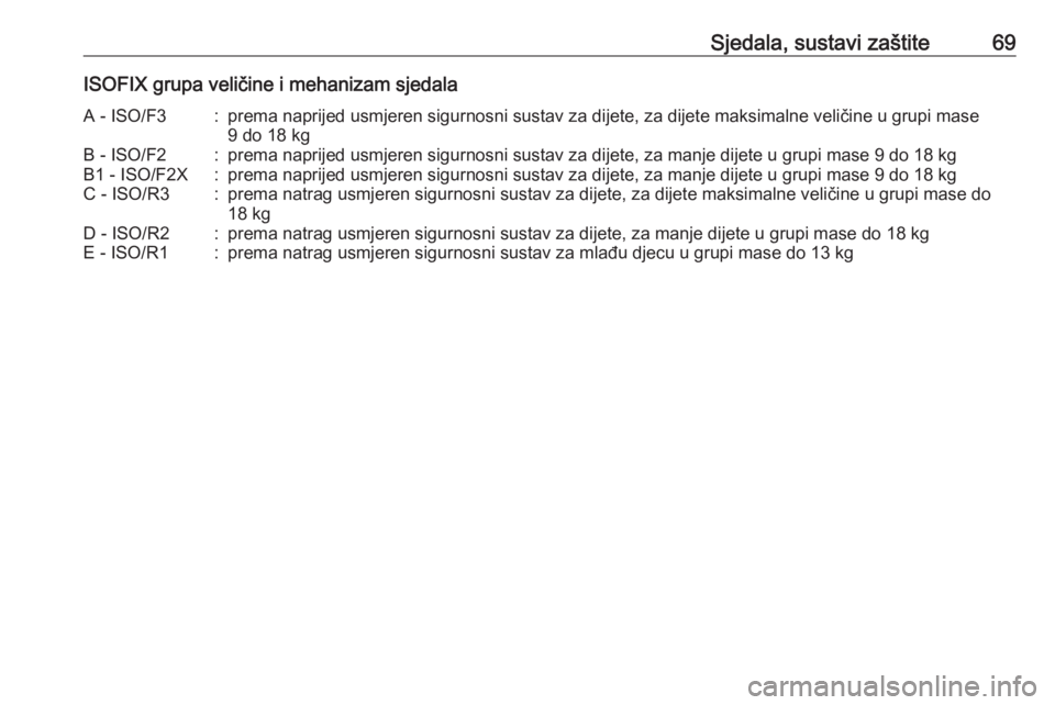 OPEL INSIGNIA 2016.5  Priručnik za vlasnika (in Croatian) Sjedala, sustavi zaštite69ISOFIX grupa veličine i mehanizam sjedalaA - ISO/F3:prema naprijed usmjeren sigurnosni sustav za dijete, za dijete maksimalne veličine u grupi mase9 do 18 kgB - ISO/F2:pre