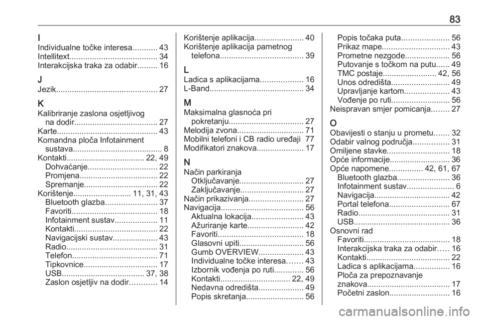 OPEL INSIGNIA BREAK 2018  Priručnik za Infotainment (in Croatian) 83I
Individualne točke interesa ...........43
Intellitext ....................................... 34
Interakcijska traka za odabir .........16
J
Jezik ............................................. 27