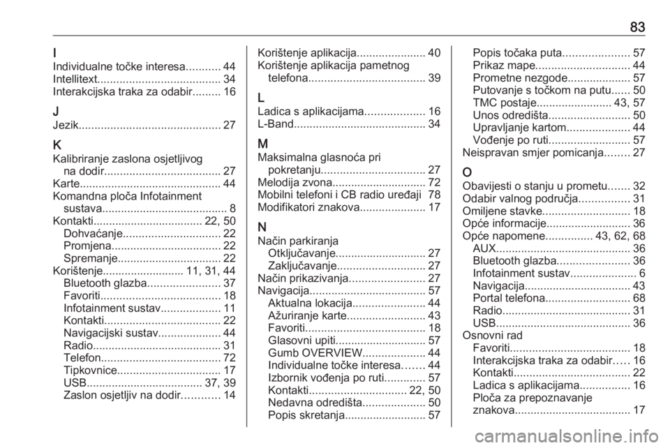 OPEL INSIGNIA BREAK 2018.5  Priručnik za Infotainment (in Croatian) 83I
Individualne točke interesa ...........44
Intellitext ....................................... 34
Interakcijska traka za odabir .........16
J
Jezik ............................................. 27