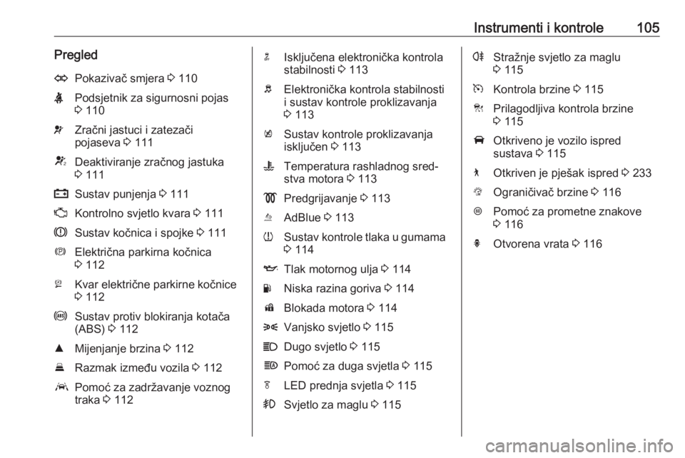 OPEL INSIGNIA BREAK 2019  Priručnik za vlasnika (in Croatian) Instrumenti i kontrole105PregledOPokazivač smjera 3 110XPodsjetnik za sigurnosni pojas
3  110vZračni jastuci i zatezači
pojaseva  3 111VDeaktiviranje zračnog jastuka
3  111pSustav punjenja  3 111Z