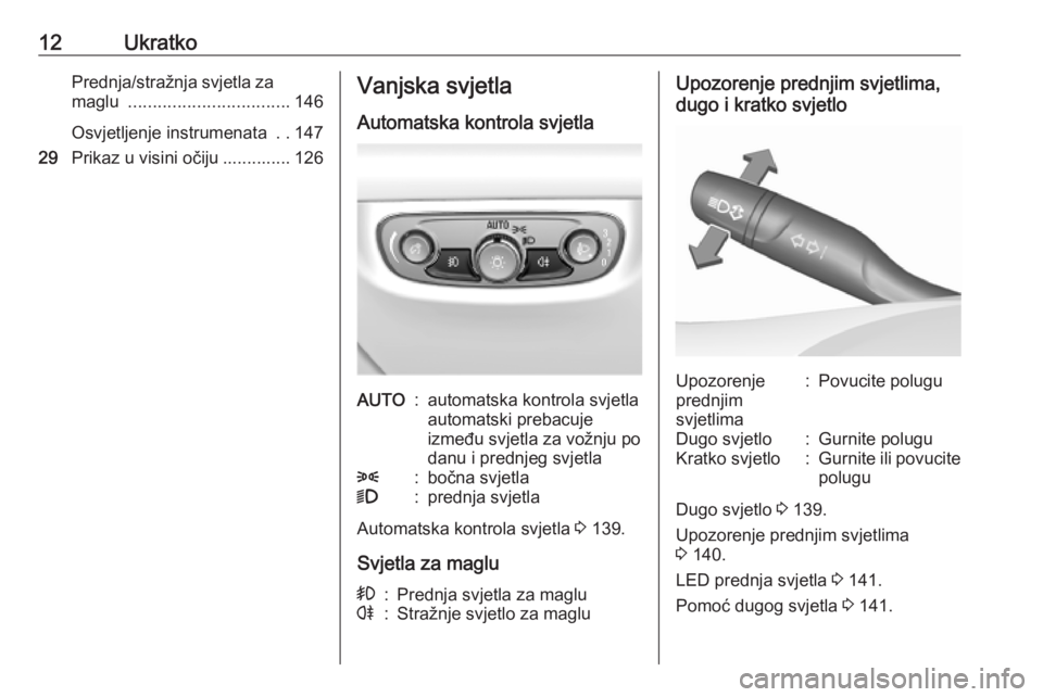 OPEL INSIGNIA BREAK 2019  Priručnik za vlasnika (in Croatian) 12UkratkoPrednja/stražnja svjetla zamaglu  ................................. 146
Osvjetljenje instrumenata  ..147
29 Prikaz u visini očiju .............. 126Vanjska svjetla
Automatska kontrola svjet