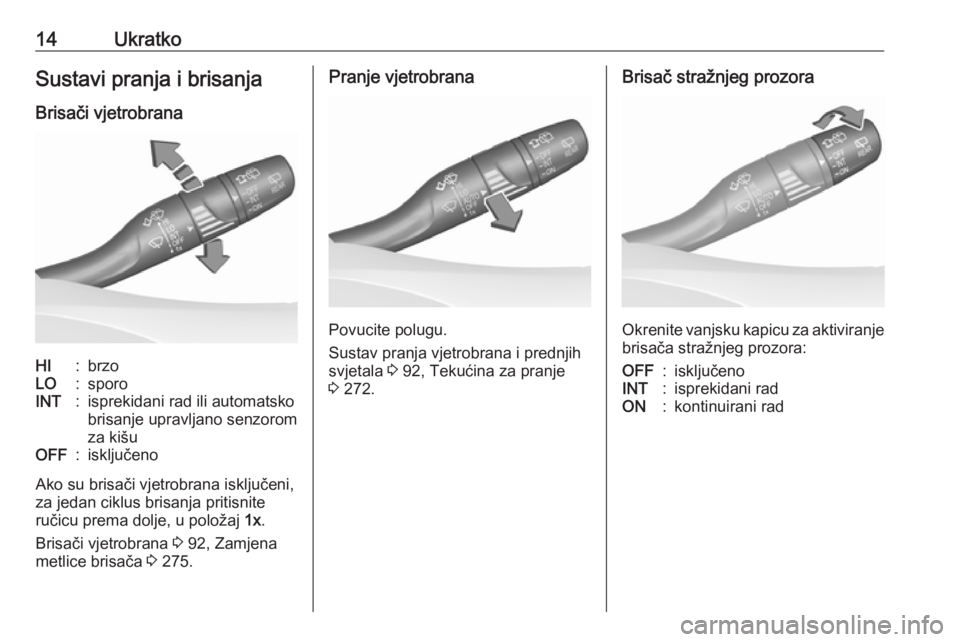 OPEL INSIGNIA BREAK 2019  Priručnik za vlasnika (in Croatian) 14UkratkoSustavi pranja i brisanja
Brisači vjetrobranaHI:brzoLO:sporoINT:isprekidani rad ili automatsko
brisanje upravljano senzorom
za kišuOFF:isključeno
Ako su brisači vjetrobrana isključeni, z