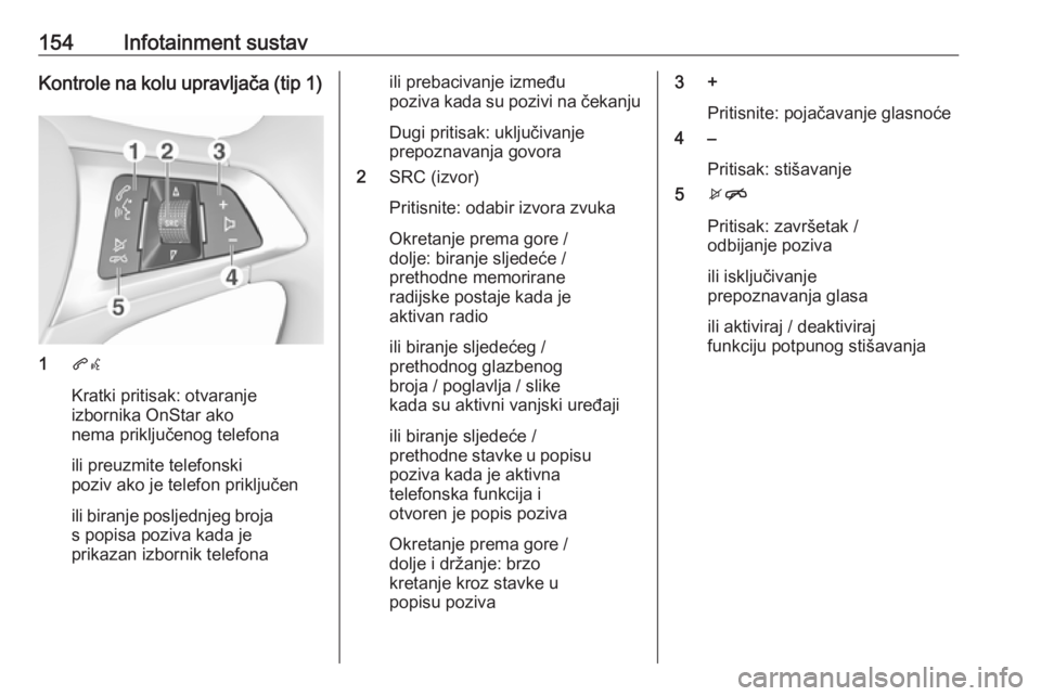 OPEL INSIGNIA BREAK 2019 Priručnik za vlasnika (in Croatian) 154Infotainment sustavKontrole na kolu upravljača (tip 1)
1qw
Kratki pritisak: otvaranje
izbornika OnStar ako
nema priključenog telefona
ili preuzmite telefonski
poziv ako je telefon priključen
ili OPEL INSIGNIA BREAK 2019 Priručnik za vlasnika (in Croatian) 154Infotainment sustavKontrole na kolu upravljača (tip 1)
1qw
Kratki pritisak: otvaranje
izbornika OnStar ako
nema priključenog telefona
ili preuzmite telefonski
poziv ako je telefon priključen
ili