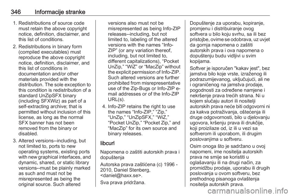OPEL INSIGNIA BREAK 2019 Priručnik za vlasnika (in Croatian) 346Informacije stranke1. Redistributions of source codemust retain the above copyright
notice, definition, disclaimer, and
this list of conditions.
2. Redistributions in binary form (compiled executab OPEL INSIGNIA BREAK 2019 Priručnik za vlasnika (in Croatian) 346Informacije stranke1. Redistributions of source codemust retain the above copyright
notice, definition, disclaimer, and
this list of conditions.
2. Redistributions in binary form (compiled executab