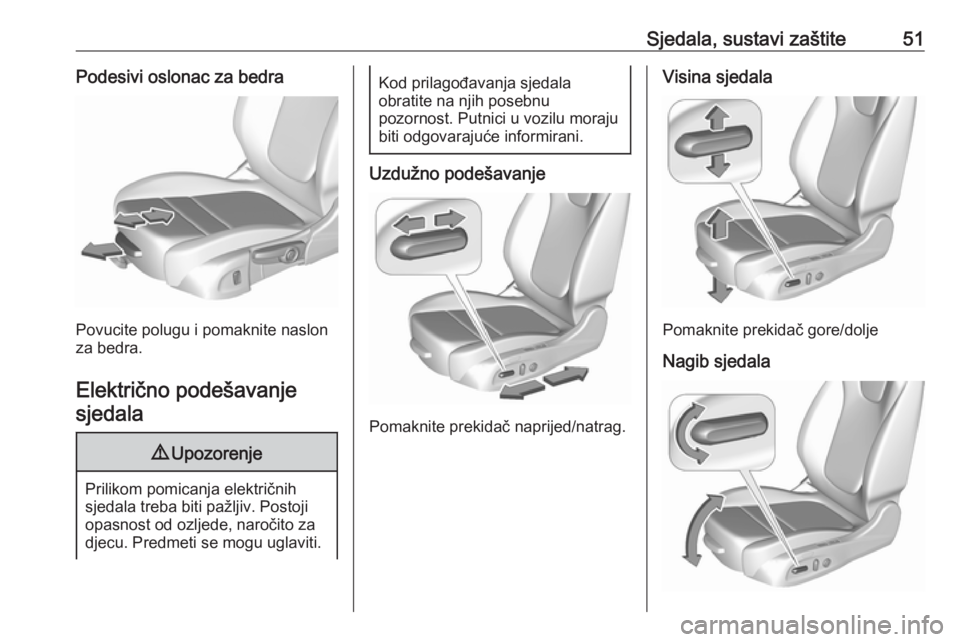 OPEL INSIGNIA BREAK 2019  Priručnik za vlasnika (in Croatian) Sjedala, sustavi zaštite51Podesivi oslonac za bedra
Povucite polugu i pomaknite naslon
za bedra.
Električno podešavanje sjedala
9 Upozorenje
Prilikom pomicanja električnih
sjedala treba biti pažl