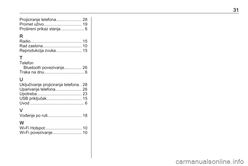 OPEL INSIGNIA BREAK 2019.5  Priručnik za Infotainment (in Croatian) 31Projiciranje telefona......................28
Promet uživo................................. 19
Prošireni prikaz stanja ....................6
R
Radio ............................................ 15