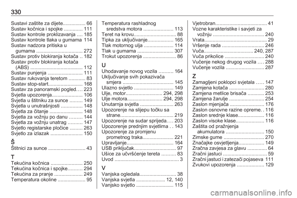 OPEL INSIGNIA BREAK 2019.5  Priručnik za vlasnika (in Croatian) 330Sustavi zaštite za dijete................66
Sustav kočnica i spojke  .............111
Sustav kontrole proklizavanja  ....185
Sustav kontrole tlaka u gumama 114
Sustav nadzora pritiska u gumama  .