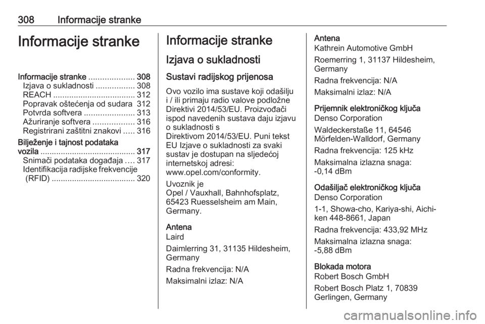 OPEL INSIGNIA BREAK 2020 Priručnik za vlasnika (in Croatian) 308Informacije strankeInformacije strankeInformacije stranke....................308
Izjava o sukladnosti .................308
REACH .................................... 312
Popravak oštećenja od sud OPEL INSIGNIA BREAK 2020 Priručnik za vlasnika (in Croatian) 308Informacije strankeInformacije strankeInformacije stranke....................308
Izjava o sukladnosti .................308
REACH .................................... 312
Popravak oštećenja od sud