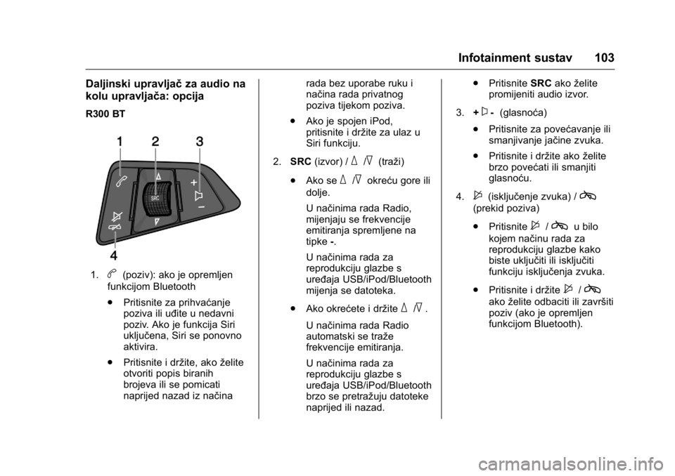 OPEL KARL 2016 Priručnik za vlasnika (in Croatian) OPEL Karl Owner Manual (GMK-Localizing-EU LHD-9231167) - 2016 - crc -
9/10/15
Infotainment sustav 103
Daljinski upravljačza audio na
kolu upravljača: opcija
R300 BT
1.b(poziv): ako je opremljen
funk OPEL KARL 2016 Priručnik za vlasnika (in Croatian) OPEL Karl Owner Manual (GMK-Localizing-EU LHD-9231167) - 2016 - crc -
9/10/15
Infotainment sustav 103
Daljinski upravljačza audio na
kolu upravljača: opcija
R300 BT
1.b(poziv): ako je opremljen
funk