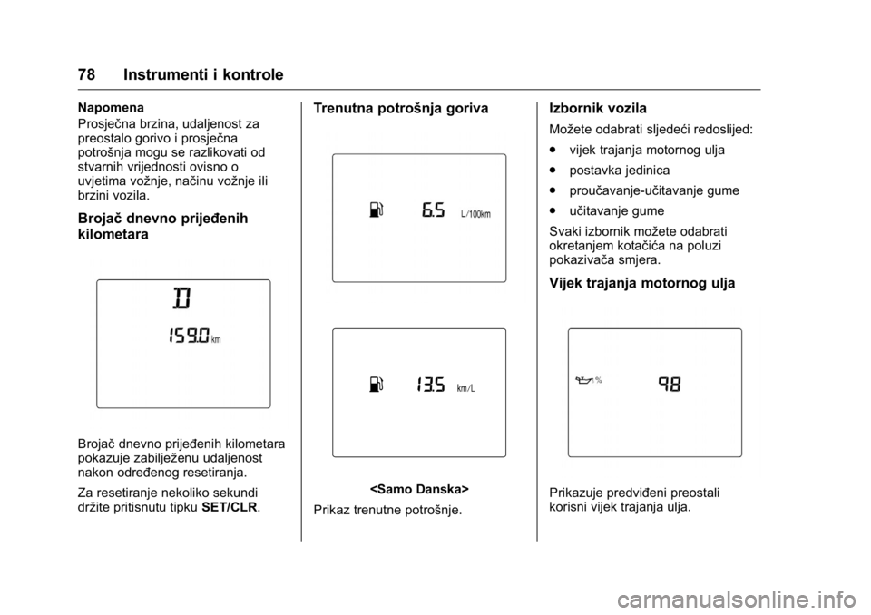 OPEL KARL 2016 Priručnik za vlasnika (in Croatian) OPEL Karl Owner Manual (GMK-Localizing-EU LHD-9231167) - 2016 - crc -
9/10/15
78 Instrumenti i kontrole
Napomena
Prosječna brzina, udaljenost za
preostalo gorivo i prosječna
potrošnja mogu se razli OPEL KARL 2016 Priručnik za vlasnika (in Croatian) OPEL Karl Owner Manual (GMK-Localizing-EU LHD-9231167) - 2016 - crc -
9/10/15
78 Instrumenti i kontrole
Napomena
Prosječna brzina, udaljenost za
preostalo gorivo i prosječna
potrošnja mogu se razli