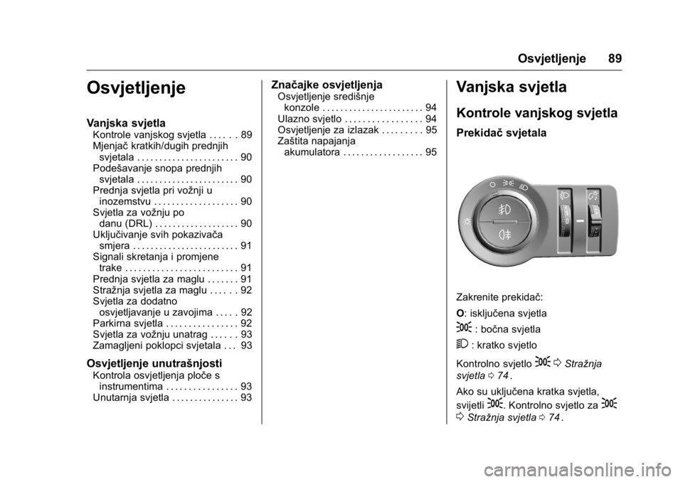 OPEL KARL 2016 Priručnik za vlasnika (in Croatian) OPEL Karl Owner Manual (GMK-Localizing-EU LHD-9231167) - 2016 - crc -
9/10/15
Osvjetljenje 89
Osvjetljenje
Vanjska svjetla
Kontrole vanjskog svjetla . . . . . . 89
Mjenjačkratkih/dugih prednjih
svjet OPEL KARL 2016 Priručnik za vlasnika (in Croatian) OPEL Karl Owner Manual (GMK-Localizing-EU LHD-9231167) - 2016 - crc -
9/10/15
Osvjetljenje 89
Osvjetljenje
Vanjska svjetla
Kontrole vanjskog svjetla . . . . . . 89
Mjenjačkratkih/dugih prednjih
svjet