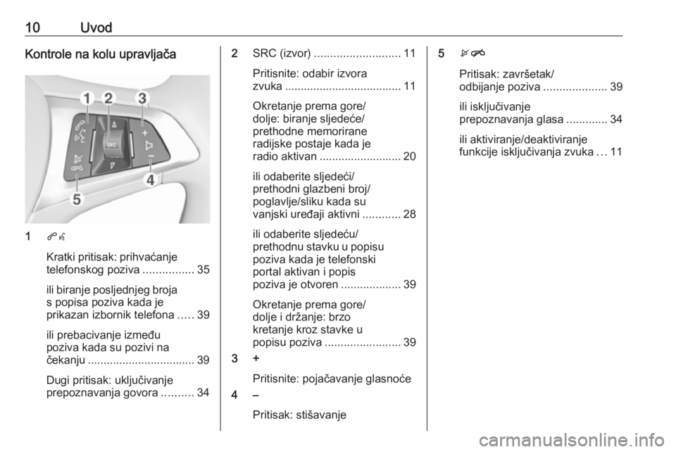 OPEL KARL 2016.5  Priručnik za Infotainment (in Croatian) 10UvodKontrole na kolu upravljača
1qw
Kratki pritisak: prihvaćanje telefonskog poziva ................35
ili biranje posljednjeg broja
s popisa poziva kada je
prikazan izbornik telefona .....39
ili 