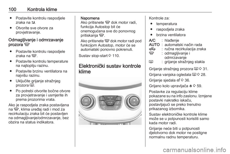 OPEL KARL 2017  Priručnik za vlasnika (in Croatian) 100Kontrola klime● Postavite kontrolu raspodjelezraka na  M.
● Otvorite sve otvore za provjetravanje.
Odmagljivanje i odmrzavanje
prozora  V
● Postavite kontrolu raspodjele zraka na  V.
● Post