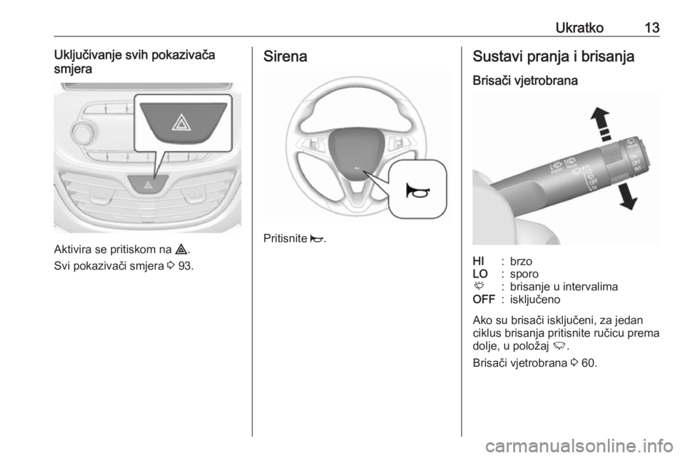OPEL KARL 2017  Priručnik za vlasnika (in Croatian) Ukratko13Uključivanje svih pokazivača
smjera
Aktivira se pritiskom na  ¨.
Svi pokazivači smjera  3 93.
Sirena
Pritisnite  j.
Sustavi pranja i brisanja
Brisači vjetrobranaHI:brzoLO:sporoE:brisanje
