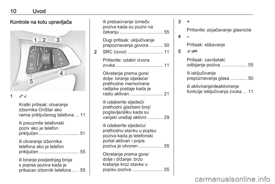 OPEL KARL 2017.5  Priručnik za Infotainment (in Croatian) 10UvodKontrole na kolu upravljača
1qw
Kratki pritisak: otvaranje
izbornika OnStar ako
nema priključenog telefona ...11
ili preuzmite telefonski
poziv ako je telefon
priključen .....................