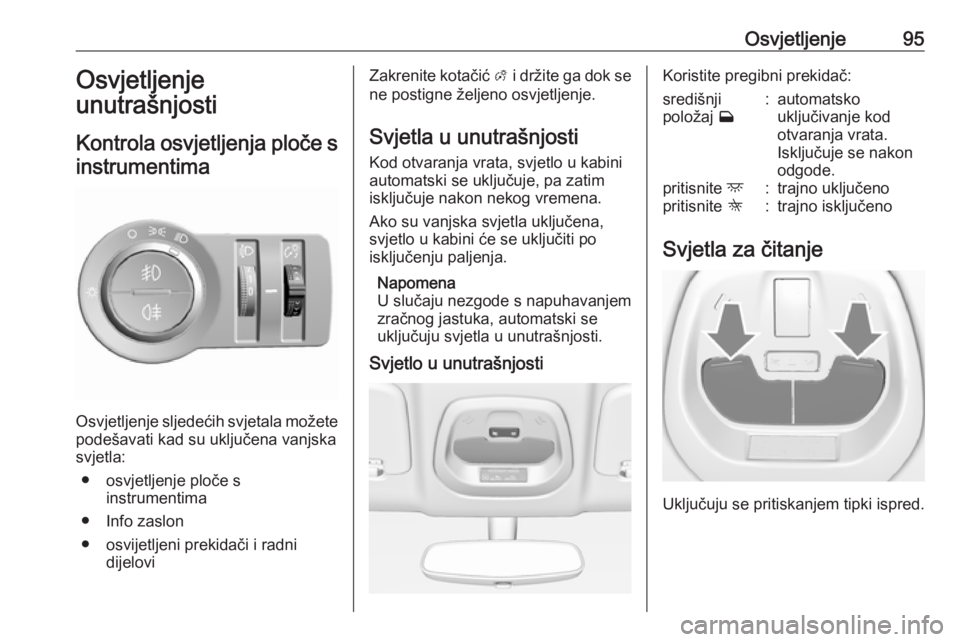 OPEL KARL 2017.5  Priručnik za vlasnika (in Croatian) Osvjetljenje95Osvjetljenje
unutrašnjosti
Kontrola osvjetljenja ploče s
instrumentima
Osvjetljenje sljedećih svjetala možete podešavati kad su uključena vanjskasvjetla:
● osvjetljenje ploče s 