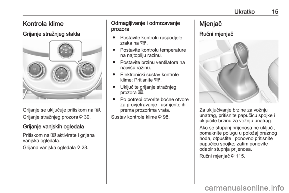 OPEL KARL 2018  Priručnik za vlasnika (in Croatian) Ukratko15Kontrola klime
Grijanje stražnjeg stakla
Grijanje se uključuje pritiskom na  Ü.
Grijanje stražnjeg prozora  3 30.
Grijanje vanjskih ogledala Pritiskom na  Ü aktivirate i grijana
vanjska 