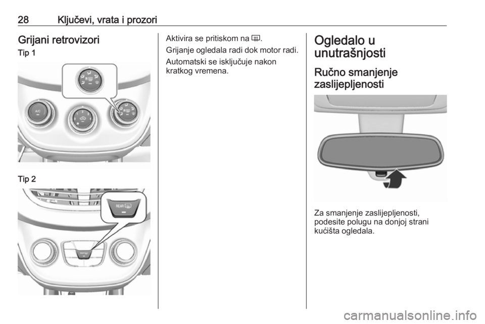 OPEL KARL 2018  Priručnik za vlasnika (in Croatian) 28Ključevi, vrata i prozoriGrijani retrovizoriTip 1Tip 2Aktivira se pritiskom na Ü.
Grijanje ogledala radi dok motor radi. Automatski se isključuje nakon
kratkog vremena.Ogledalo u
unutrašnjosti
R