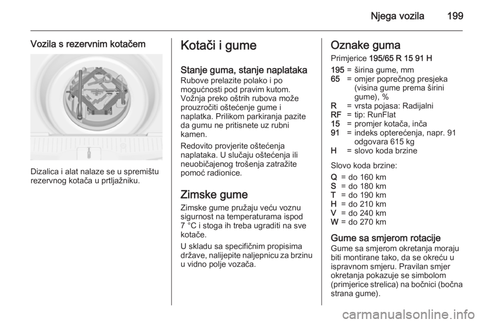 OPEL MERIVA 2015.5  Priručnik za vlasnika (in Croatian) Njega vozila199
Vozila s rezervnim kotačem
Dizalica i alat nalaze se u spremištu
rezervnog kotača u prtljažniku.
Kotači i gume
Stanje guma, stanje naplataka
Rubove prelazite polako i po
mogućnos