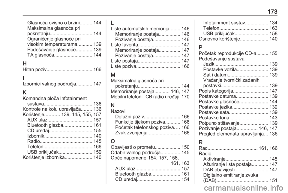 OPEL MERIVA 2016  Priručnik za Infotainment (in Croatian) 173Glasnoća ovisno o brzini.........144
Maksimalna glasnoća pri
pokretanju ............................... 144
Ograničenje glasnoće pri
visokim temperaturama ...........139
Podešavanje glasnoće 