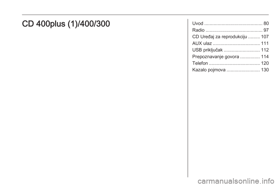 OPEL MERIVA 2016 Priručnik za Infotainment (in Croatian) Uvod............................................ 80
Radio ........................................... 97
CD Uređaj za reprodukciju .........107
AUX ulaz .................................... 111
USB p OPEL MERIVA 2016 Priručnik za Infotainment (in Croatian) Uvod............................................ 80
Radio ........................................... 97
CD Uređaj za reprodukciju .........107
AUX ulaz .................................... 111
USB p