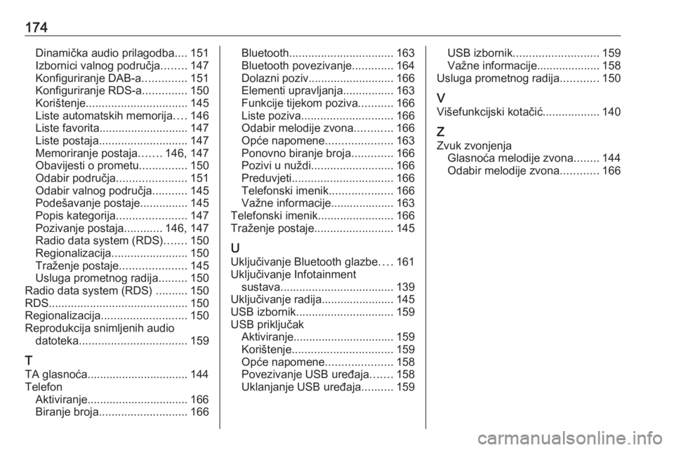 OPEL MERIVA 2016.5  Priručnik za Infotainment (in Croatian) 174Dinamička audio prilagodba....151
Izbornici valnog područja ........147
Konfiguriranje DAB-a ..............151
Konfiguriranje RDS-a ..............150
Korištenje ................................ 