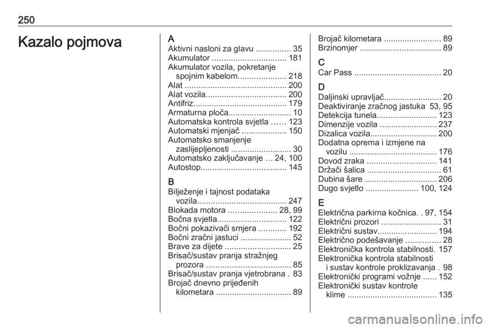 OPEL MERIVA 2016.5  Priručnik za vlasnika (in Croatian) 250Kazalo pojmovaAAktivni nasloni za glavu  ...............35
Akumulator  ................................ 181
Akumulator vozila, pokretanje spojnim kabelom .....................218
Alat  ............