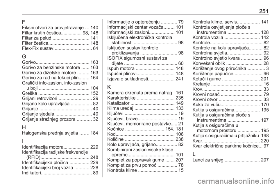 OPEL MERIVA 2016.5  Priručnik za vlasnika (in Croatian) 251F
Fiksni otvori za provjetravanje  ...140
Filtar krutih čestica................ 98, 148
Filtar za pelud  ............................ 141
Filter čestica ............................... 148
Flex-F