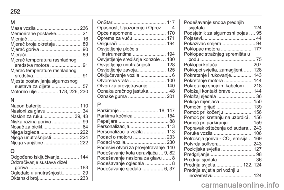 OPEL MERIVA 2016.5  Priručnik za vlasnika (in Croatian) 252MMasa vozila ................................ 236
Memorirane postavke ...................21
Mjenjač  ........................................ 16
Mjerač broja okretaja  ...................89
Mjera