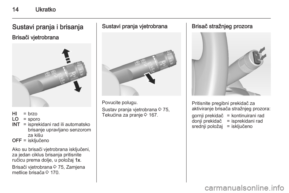 OPEL MOKKA 2015  Priručnik za vlasnika (in Croatian) 14UkratkoSustavi pranja i brisanjaBrisači vjetrobranaHI=brzoLO=sporoINT=isprekidani rad ili automatsko
brisanje upravljano senzorom
za kišuOFF=isključeno
Ako su brisači vjetrobrana isključeni, za