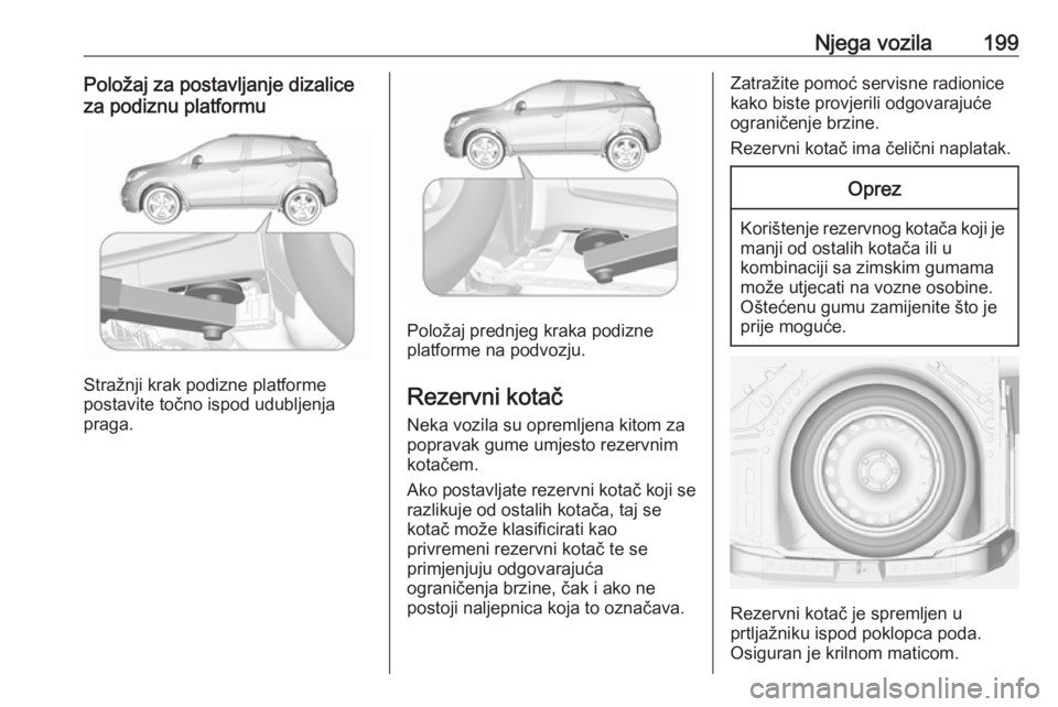 OPEL MOKKA 2016 Priručnik za vlasnika (in Croatian) Njega vozila199Položaj za postavljanje dizalice
za podiznu platformu
Stražnji krak podizne platforme
postavite točno ispod udubljenja
praga.
Položaj prednjeg kraka podizne
platforme na podvozju.
R OPEL MOKKA 2016 Priručnik za vlasnika (in Croatian) Njega vozila199Položaj za postavljanje dizalice
za podiznu platformu
Stražnji krak podizne platforme
postavite točno ispod udubljenja
praga.
Položaj prednjeg kraka podizne
platforme na podvozju.
R