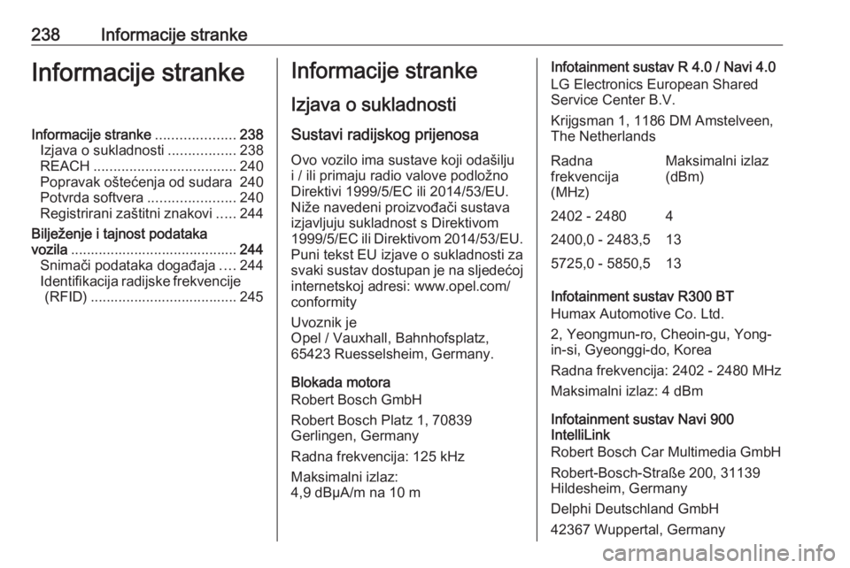 OPEL MOKKA X 2018 Priručnik za Infotainment (in Croatian) 238Informacije strankeInformacije strankeInformacije stranke....................238
Izjava o sukladnosti .................238
REACH .................................... 240
Popravak oštećenja od sud OPEL MOKKA X 2018 Priručnik za Infotainment (in Croatian) 238Informacije strankeInformacije strankeInformacije stranke....................238
Izjava o sukladnosti .................238
REACH .................................... 240
Popravak oštećenja od sud